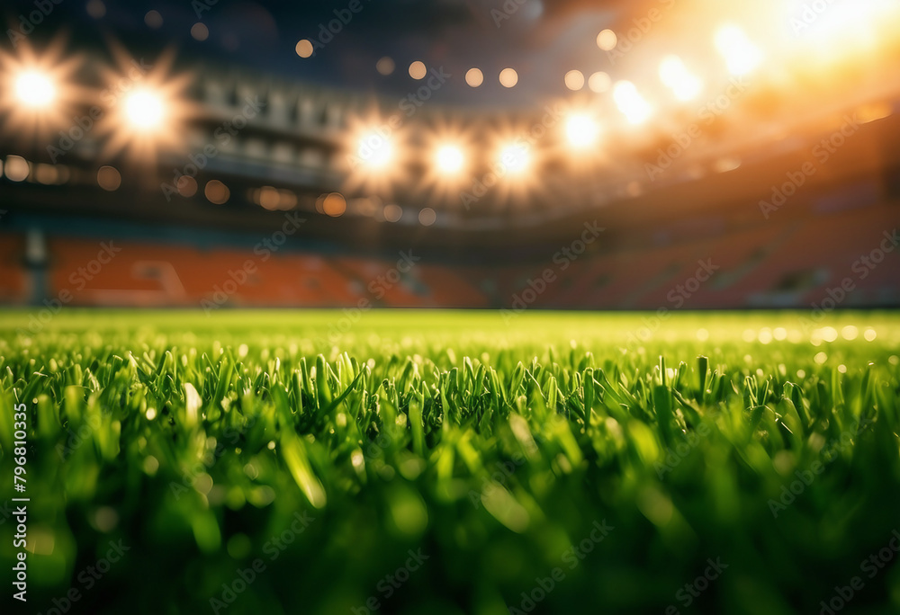 Lawn in the soccer stadium Football stadium with lights Grass close up in sports arena background in nights