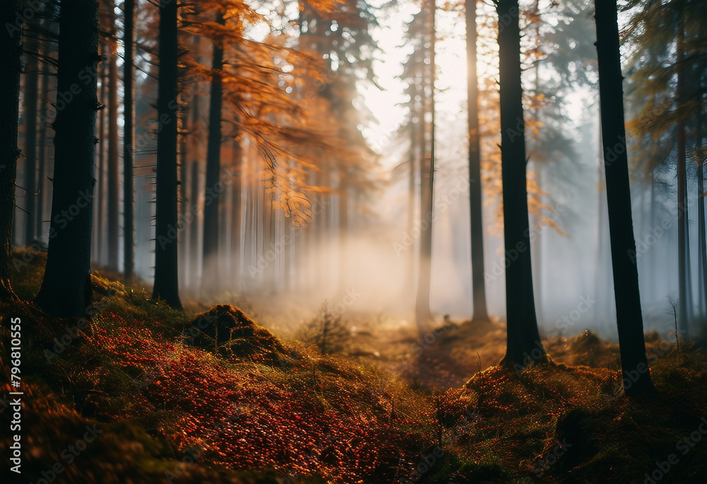 Fototapeta premium Mystical Autumn Fog in Black Forest Enchanting Landscape with Rising Fog Autumnal Trees