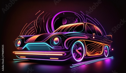 an illustration futuristic car with sleek lines and neon-colored lights  set against a dark  an abstract neon design of a glowing  abstract background  AI Generative
