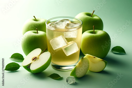 Fresh apple juice in a glass with ice and sliced green apples on a delicate green background