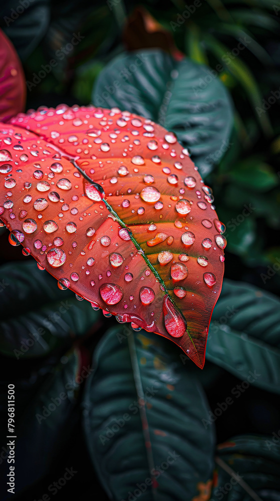 A leaf with raindrops on it. The leaf is red and green. The raindrops are small and scattered