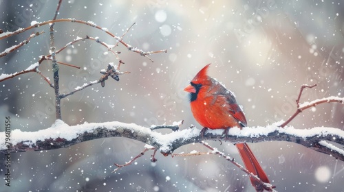 A captivating image of a red cardinal perched on a snow-laden branch