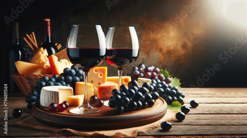 two glasses of red wine with assorted cheeses and grapes