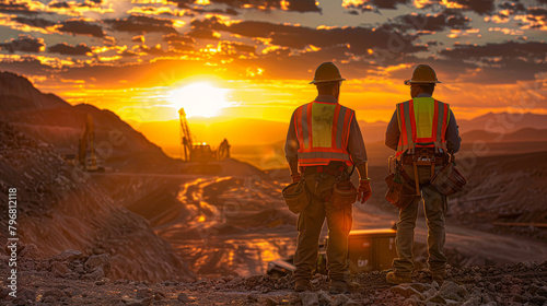 Two men in orange vests stand on a rocky hillside  looking out over a construction site. The sun is setting in the background  casting a warm glow over the scene. Scene is one of hard work