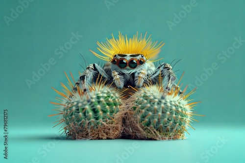 spider sits on a cactus. green background. yellow background. close-up photo