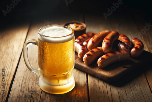 glass mug of foamy beer and grilled sausages on a wooden board
