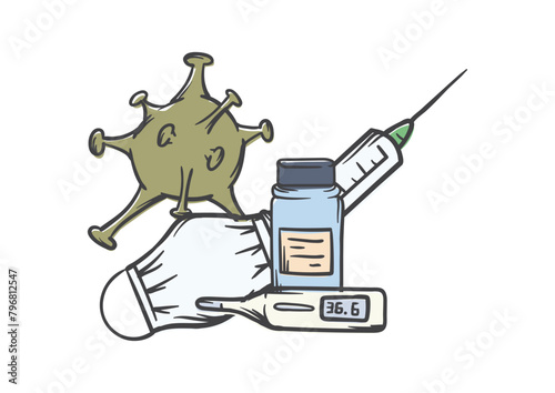 Medical concept. Vector editable illustration of virus epidemic, prevention and vaccination