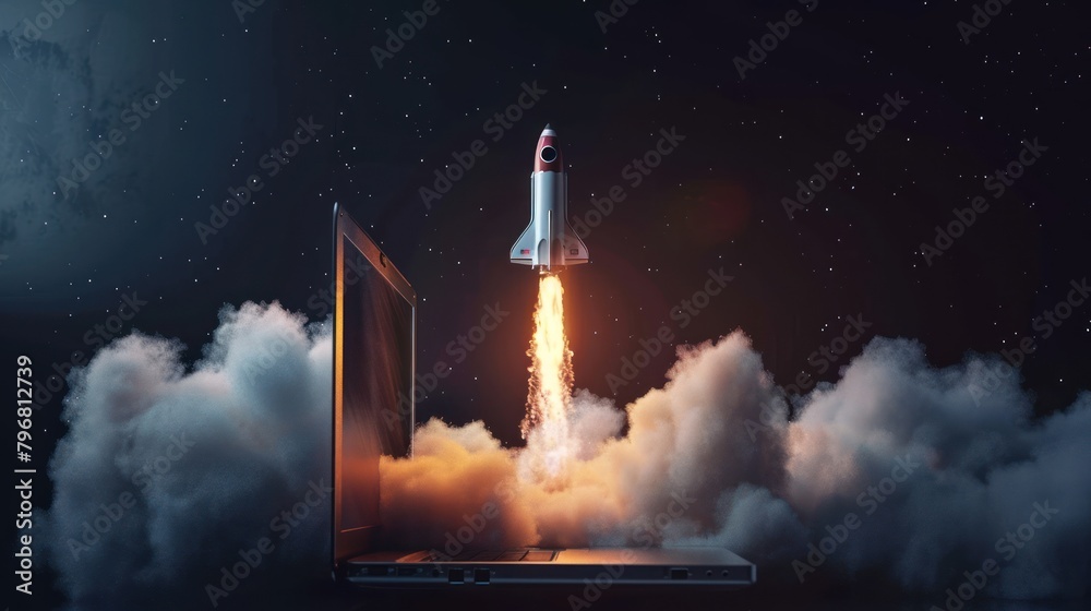 Rocket Takes Off From the Laptop Screen with smoke