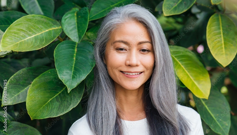 Beautiful mature woman with long healthy gray hair 50s looking at camera against green leaves backgroun Beautiful mature woman with long healthy gray hair 50s looking at camera against green leaves backgroun