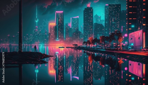 A portrait ethereal neon cityscape at night, with a dreamy vibe, featuring vivid colors and intricate details, reminiscent of cyberpunk and vapor wave aesthetics, AI Generative