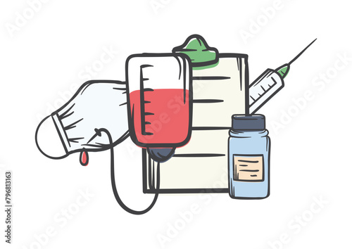 Medical concept. Vector editable illustration of disease prevention, blood transfusion and vaccination