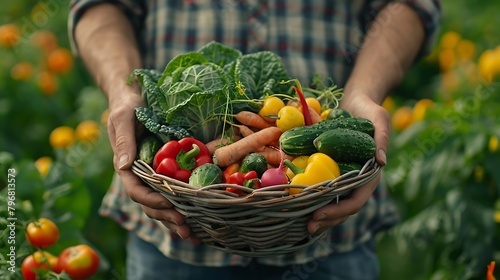 Basket with vegetables (cabbage, carrots, cucumbers, radish and peppers) in the hands of a farmer background of nature Concept of biological, bio products, bio ecology, grown by yourself, vegetarians