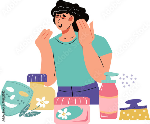 Woman busy with skin care beauty routine. Cheerful smiling woman applying cosmetics to her face.