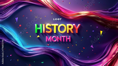 Vibrant LGBT History Month Celebration Banner with Colorful Silk Texture and Confetti. copy space. Vertical background LGBT concept. photo