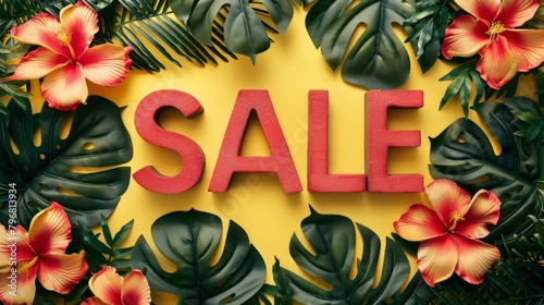 Vibrant Tropical Sale Banner with Lush Greenery and Exotic Flowers. Horizontal banner for summer marketing concept.