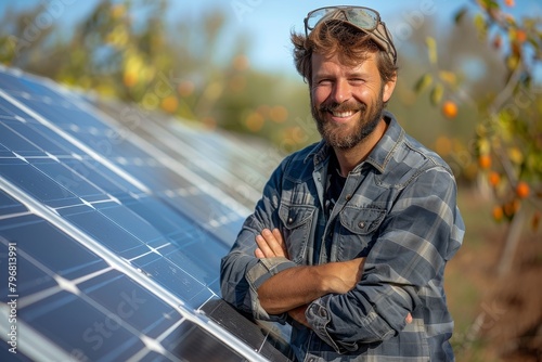 Cheerful engineer with a beard smiling by photovoltaic solar panels, reflecting eco-friendly energy