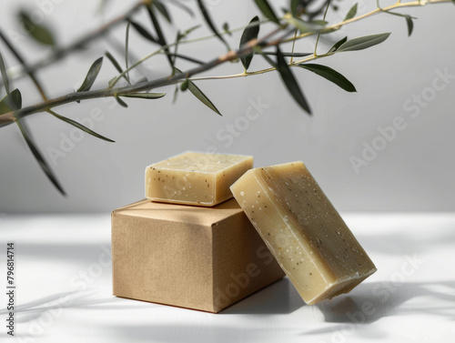 Three soap wrap box mock-up package with bar olive soap isolated