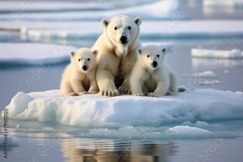 Polar bears stranded on a small ice floe