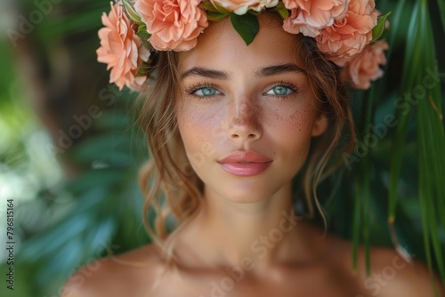 A mesmerizing close-up of a young woman wearing a crown of peach roses, her expressive blue eyes set against a tropical background