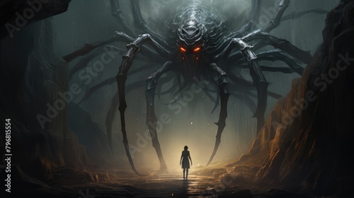 a photo giant monster spider is confronting someone in the dark, AI Generative photo