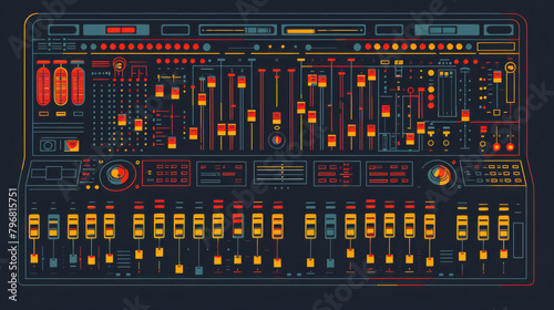 A retro futurism music mixer with a lot of knobs, buttons and sliders.