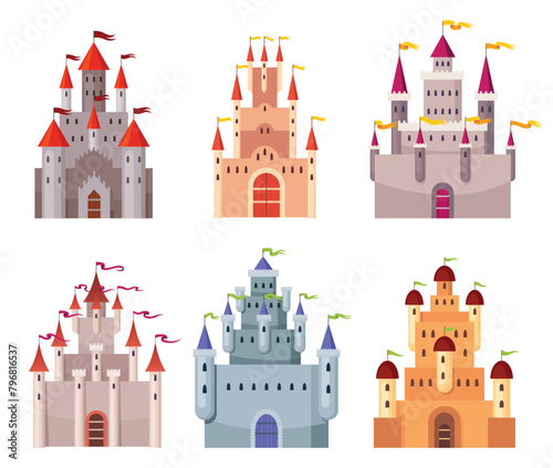 Fairy tale castle set. Medieval royal mansion architecture. Beautiful fairy-tale towers for princess, historic fortified buildings. Knight castle. Isolated cartoon vector illustration