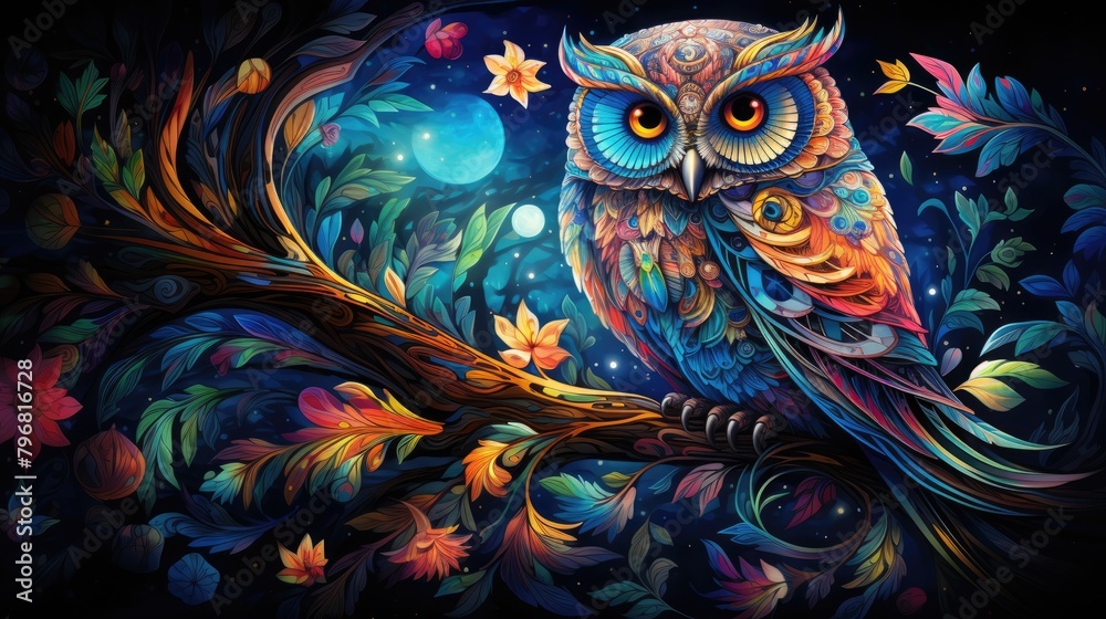 Fototapeta a image whimsical illustration of a wise old owl perched on a mystical tree branch, AI Generative