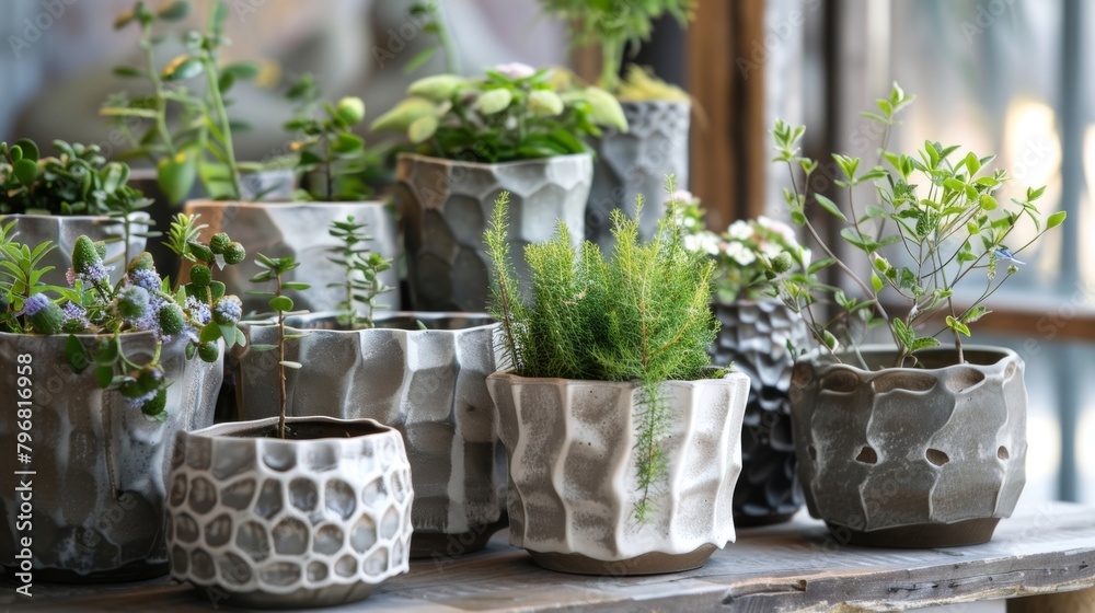 A collection of handbuilt ceramic planters each with a different texture imprinted on the surface giving them a oneofakind appeal..