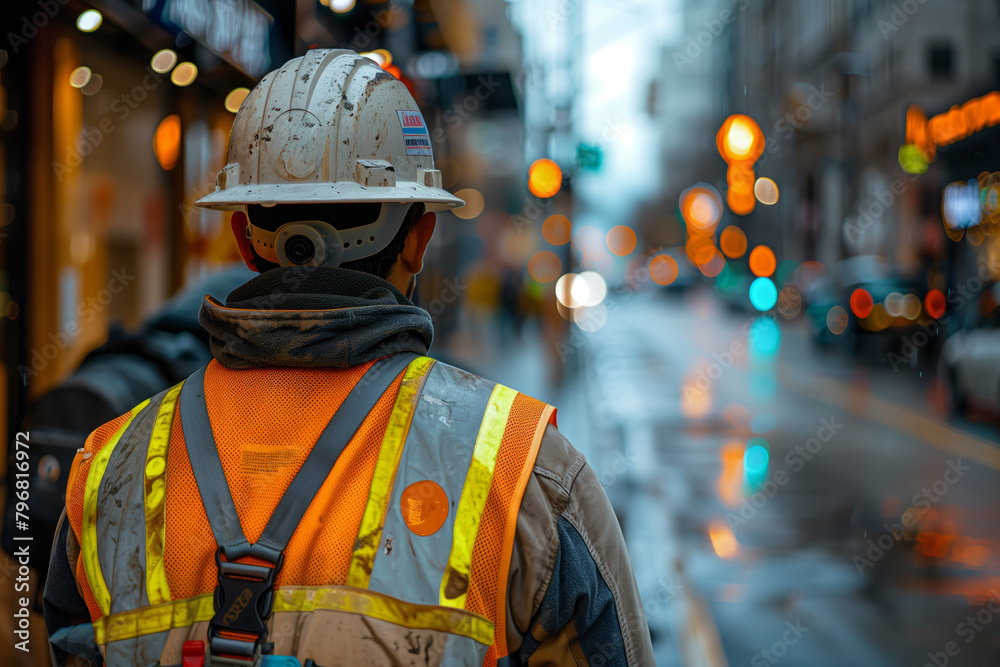 Worker in reflective vest in city at dusk Worker in reflective vest in city at dusk