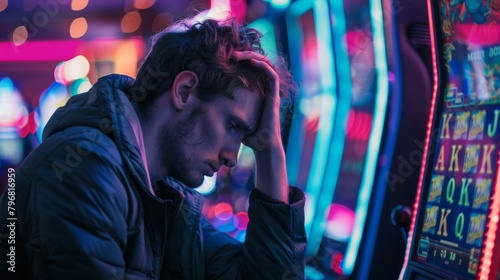 Pensive man in neon arcade lights