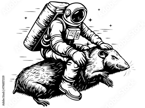 Black and white, astronaut flies on a mole, coloring book style. Vector, generative ai.