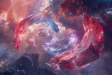 Celestial arcs of sapphire and ruby intersect on an ethereal canvas.