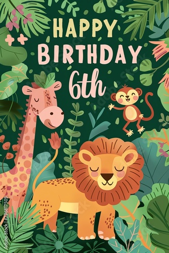 Vibrant children's birthday card with jungle animals celebrating a 6th birthday amid tropical foliage. photo