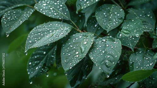 Leaves glistening with raindrops forming a delicate and intricate design on a tree branch..