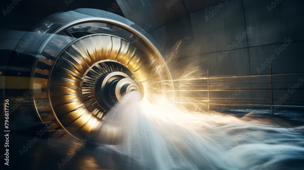 A close-up photo of a hydroelectric turbine spinning rapidly, creating a mesmerizing blur of motion.