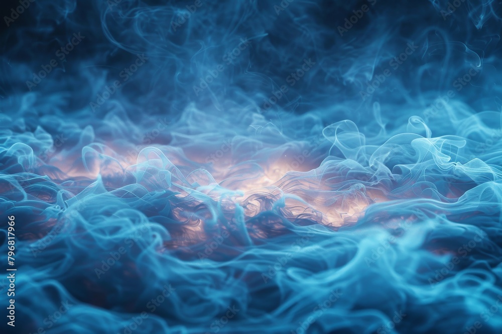 Ethereal swirls of blue smoke rising and intertwining against a dark, mysterious backdrop Ethereal swirls of blue smoke rising and intertwining against a dark, mysterious backdrop