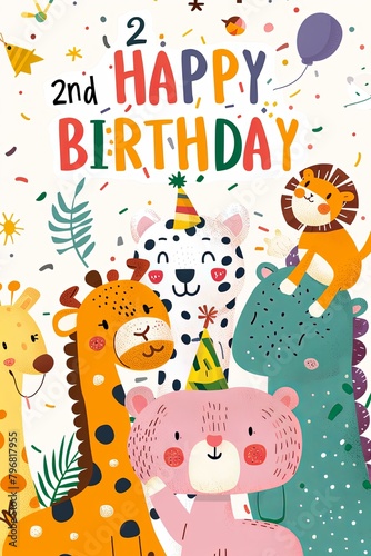 A cheerful card filled with cute animals celebrating a 2nd birthday, great for a toddler's special day.