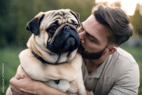 'friend man concept funny face animals dog love together pug beard him scene kissing people best adult have my friendship fun portrait adorable animal arm background beautiful blue canino cheerful'