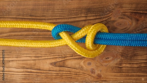 Yellow and blue colored ropes twisted and tied up creating knot, isolated on wooden background, close up shot. Two ropes tied in a knot, top view.