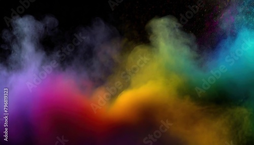 Abstract Coloful Smoke Dust Particles Night haze Mist Floating on Rainbow Coloured Smoke on Dark Black 