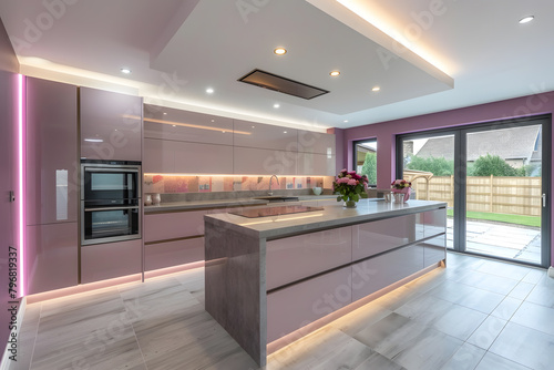 Contemporary modern kitchen interior in in grey concrete with green house plants.