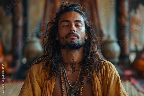 Spiritual man in traditional attire meditating