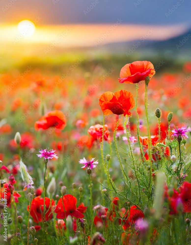 beautiful colorful meadow of wild flowers floral background, landscape with red flowers with sunset and blurred background 