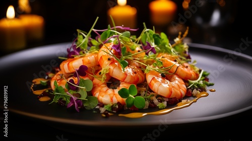 A plate of delicately arranged shrimp garnished with microgreens  served in a high-end dining atmosphere with warm lighting.