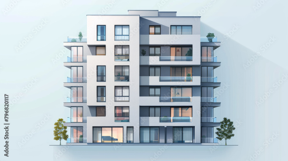 An illustration of a modern apartment building with balconies and large windows.