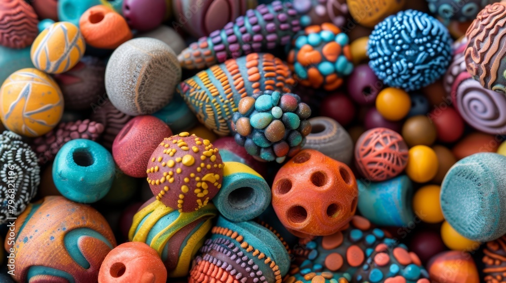 A handful of molded clay beads each one unique in shape and color..