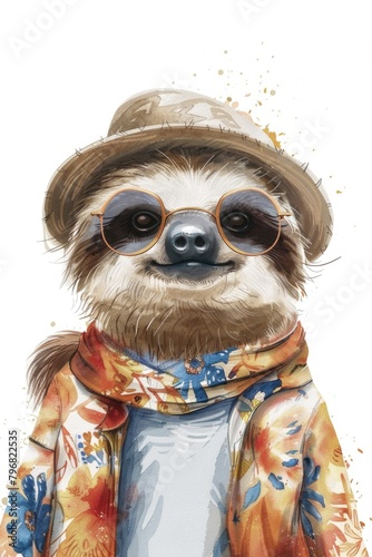 A stylish illustration of a sloth exuding a laid-back summer vibe with a straw hat © dashtik
