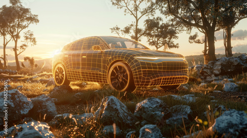 The prompt for the image is:
3d rendering of a futuristic car on a rocky hill at sunset. photo