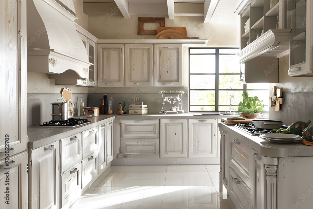 Fototapeta premium Contemporary modern kitchen interior in white with concrete details.