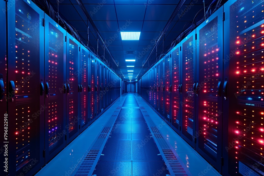 Futuristic server room with blue LED lights